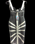 Beautiful fitted sleevless dress with special back pattern details. black version with silver trim.