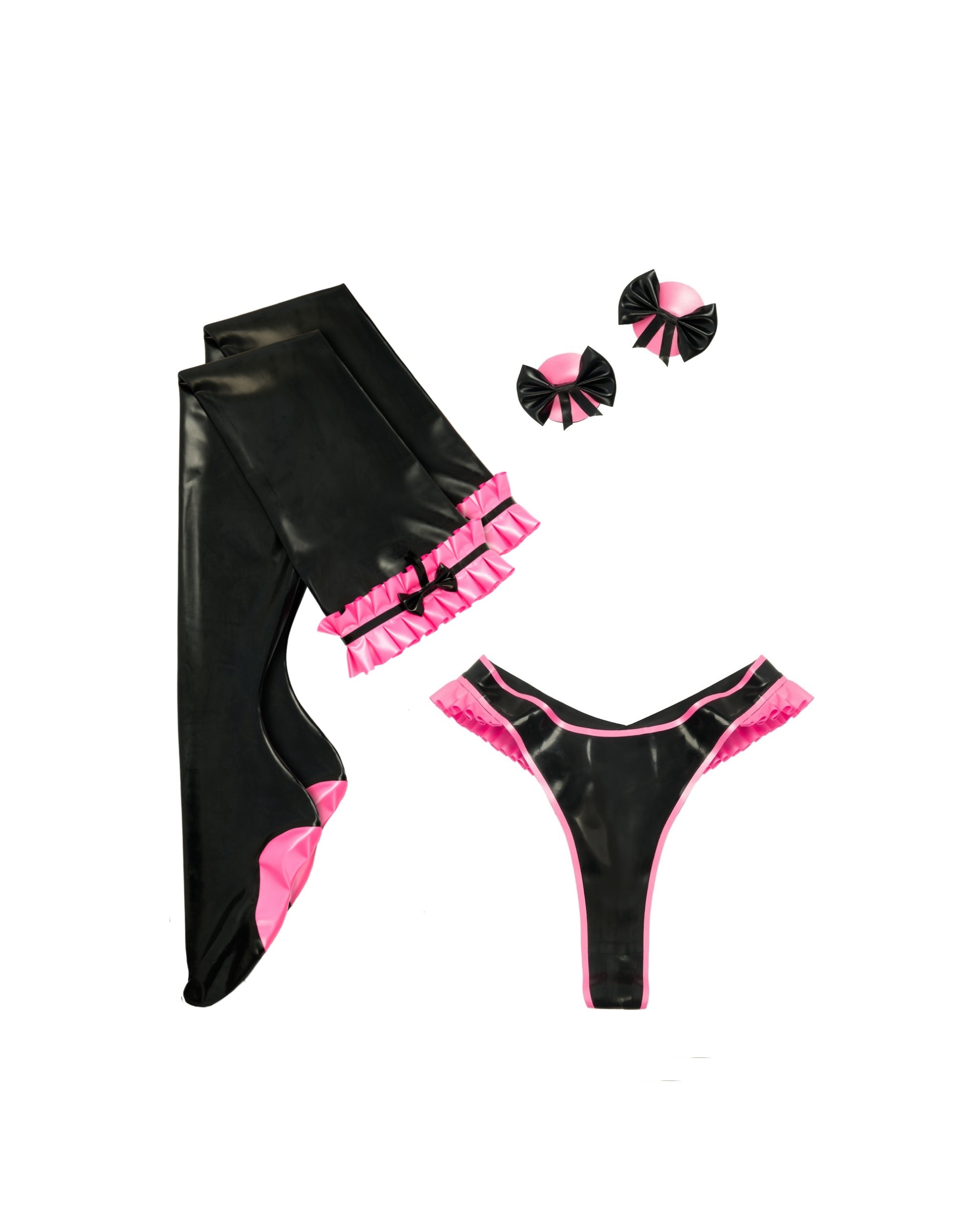 Black latex lingerie set on a white background