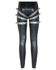 Latex leggings with unique pattern on back and added metal bolts on back and sides..