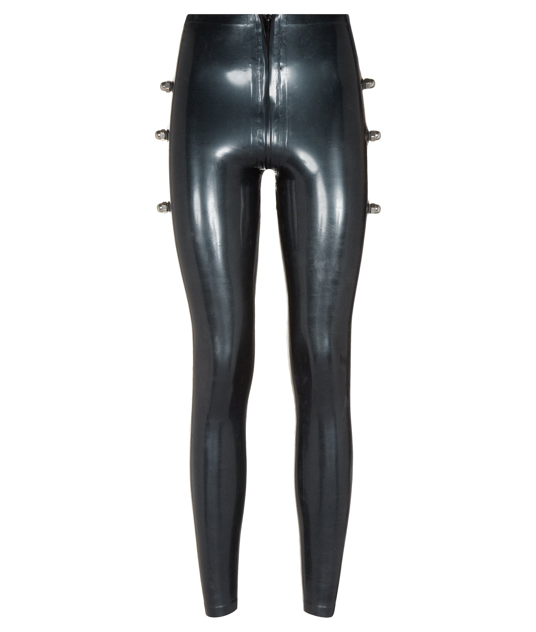 Latex leggings with unique pattern on back and added metal bolts.