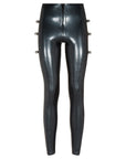 Latex leggings with unique pattern on back and added metal bolts.