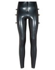 Latex leggings with unique pattern on back and added metal bolts.