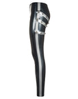 Latex leggings side view with unique pattern on back and added metal bolts.