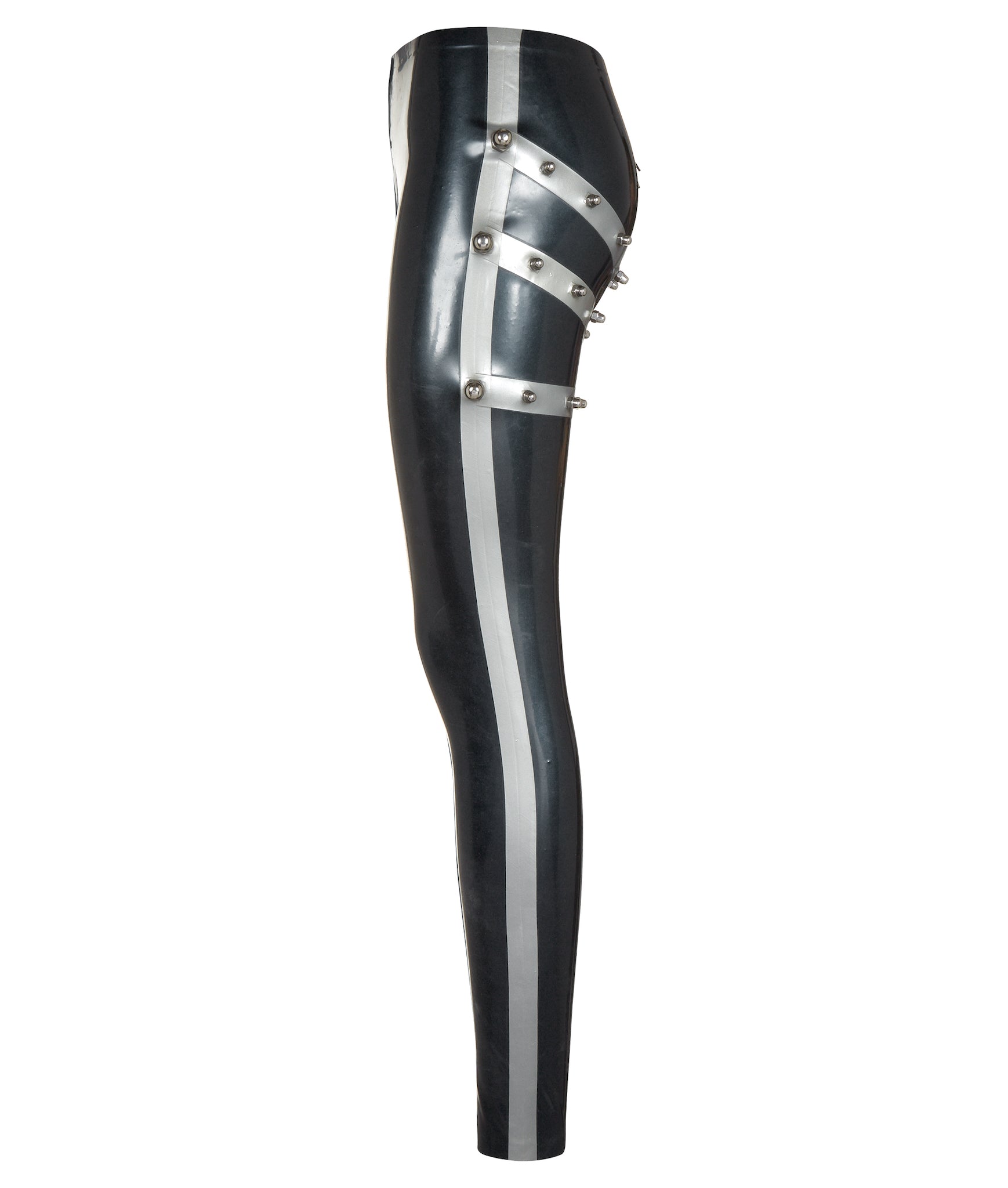 Latex leggings side view with unique pattern on back and added metal bolts.