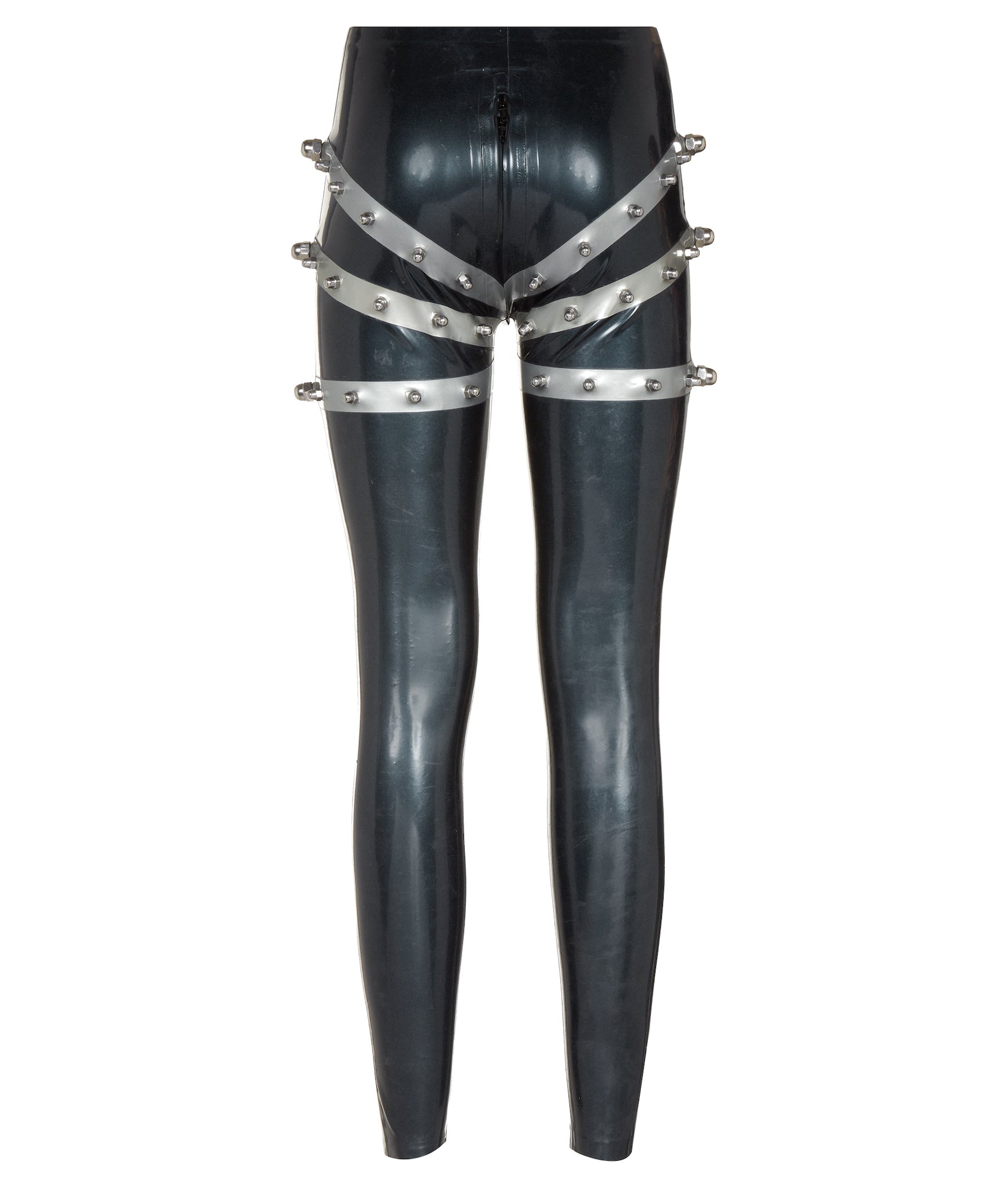 Latex leggings with unique pattern on back and added metal bolts on back and sides..